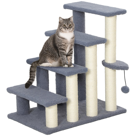 PawHut 4 Levels Cat Steps, Pet Stairs Carpeted Ladder, Kitten Tree Climber with Scratching Posts, Hanging Play Ball, Side Step, for High Bed, Sofa, Gray