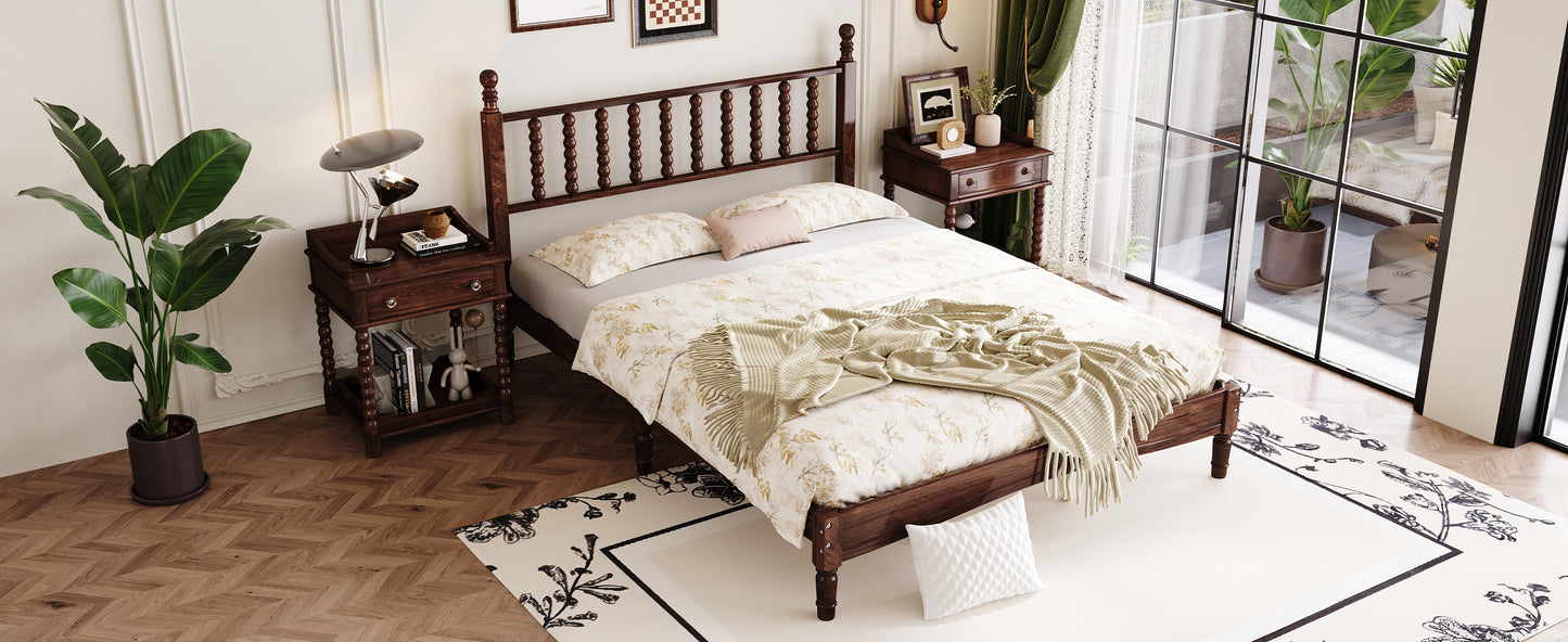 Queen Size Wood Platform Bed with Gourd Shaped Headboard,Retro Style Platform Bed with Wooden Slat Support,Walnut