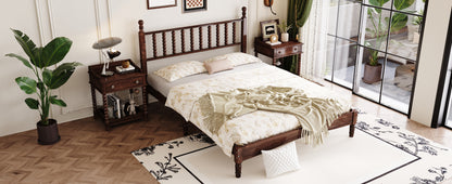 Queen Size Wood Platform Bed with Gourd Shaped Headboard,Retro Style Platform Bed with Wooden Slat Support,Walnut