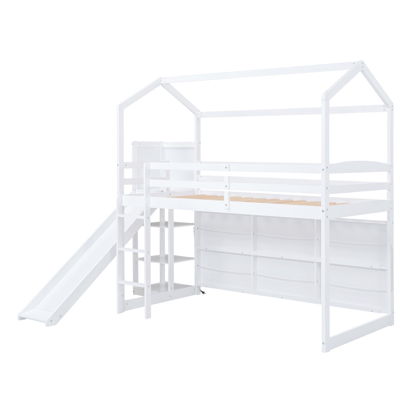 White Twin Size Wood House Loft Bed with Slide, Storage Shelves and Light, Pine Wood+MDF