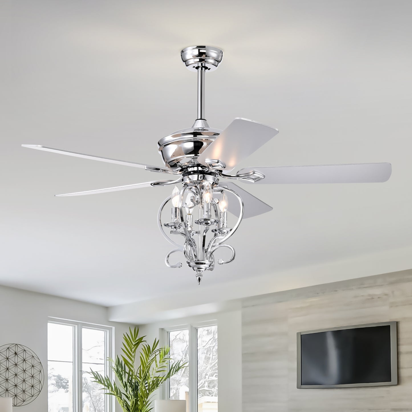 52 inch 4 Lights Ceiling Fan with 5 Wood Blades, Two-color fan blade, AC Motor, Remote Control, Reversible Airflow, 3-Speed, Adjustable Height, Traditional Ceiling Fan for home decorate (Silver)