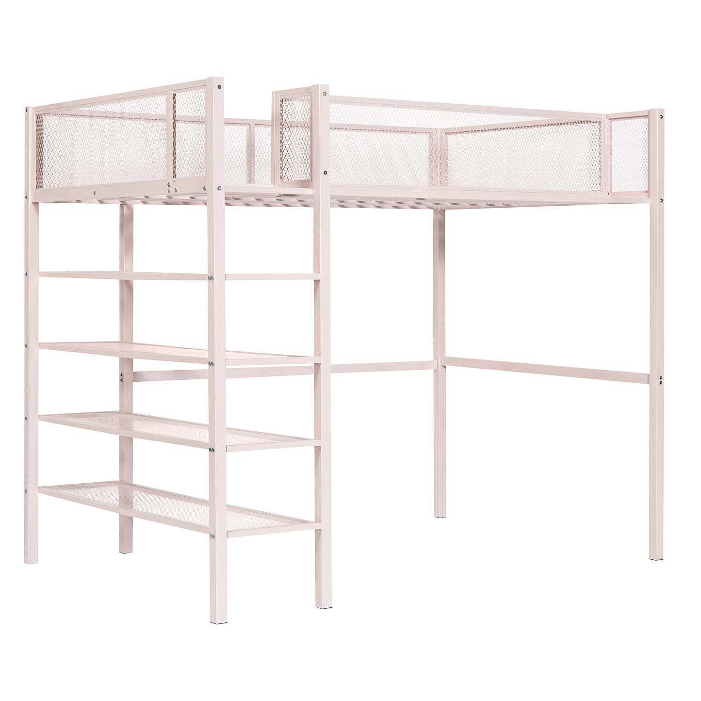 Twin Size Metal Loft Bed with 4-Tier Shelves and Storage, Pink