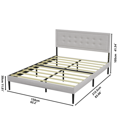 Iron Platform Bed Frame with Wooden slats support & Upholstered  Headboard (Queen Size) - Grey