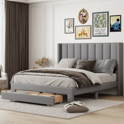 Queen Size Storage Bed Velvet Upholstered Platform Bed with a Big Drawer - Gray(old sku:WF296854AAE)