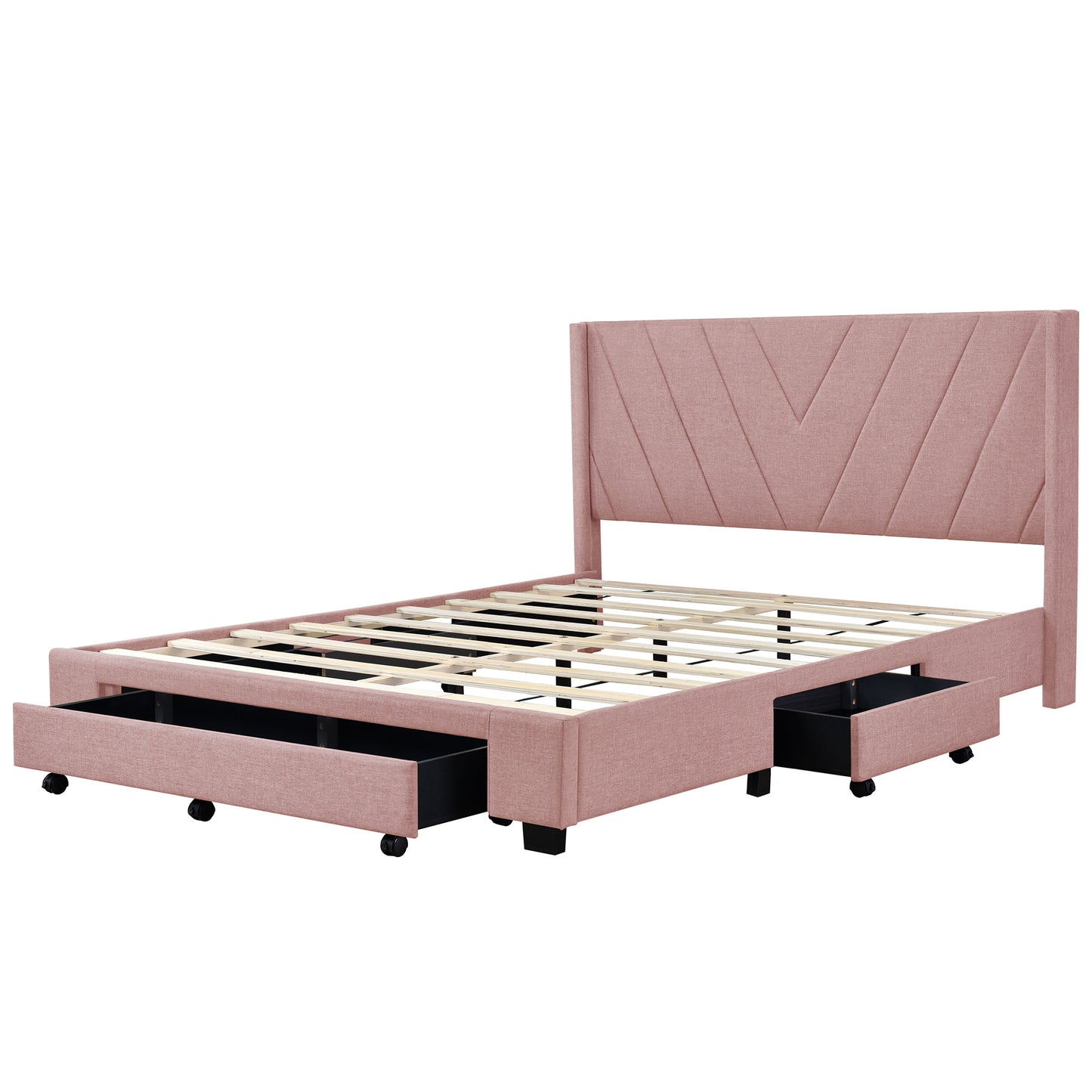 Queen Size Storage Bed Linen Upholstered Platform Bed with 3 Drawers (Pink)