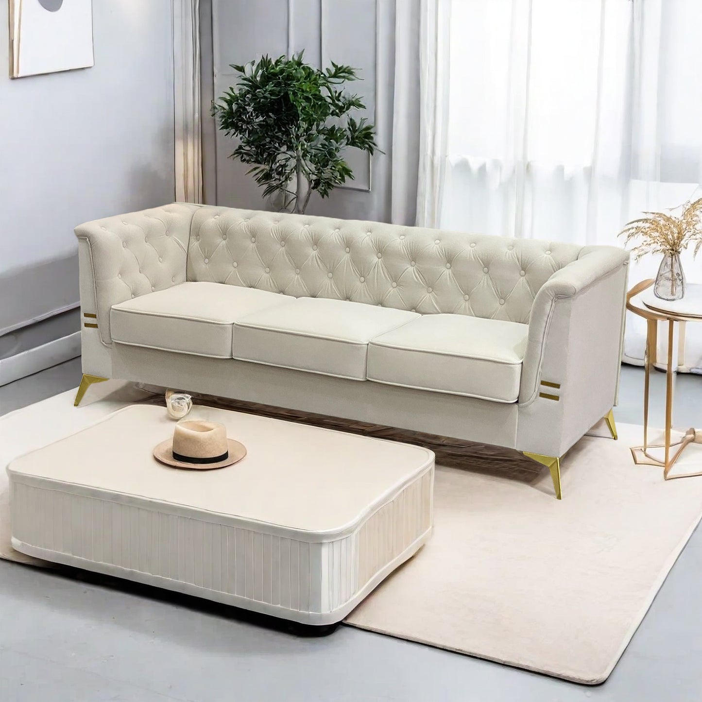 FX-P83-CW (sofa) -Modern Velvet Living Room Chesterfield design 82.7inch Wide Sofa cream white color