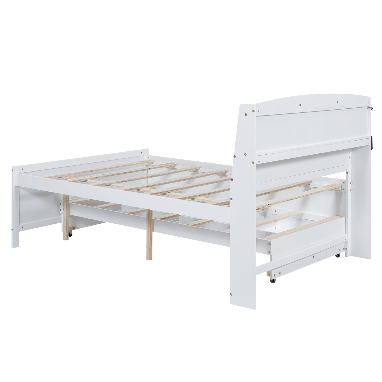 Full Size Platform Bed with Storage LED Headboard, Twin Size Trundle and 3 Drawers, White