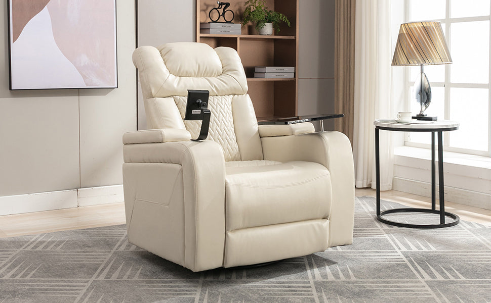 270 Degree Swivel PU Leather Power Recliner Individual Seat Home Theater Recliner with  Comforable Backrest, Tray Table,  Phone Holder, Cup Holder,  USB Port, Hidden Arm Storage for Living Room, White