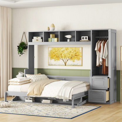 Queen Size Murphy Bed Wall Bed with Closet and Drawers,Gray