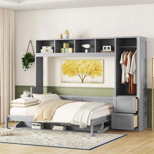 Queen Size Murphy Bed Wall Bed with Closet and Drawers,Gray