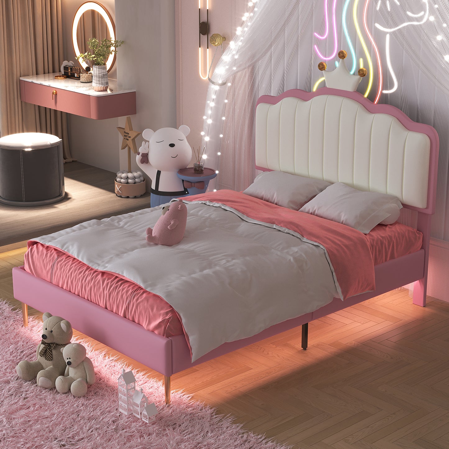 Twin size Upholstered Princess Bed With Crown Headboard, Platform Bed with  with Light Strips,Golden Metal Legs, White+Pink