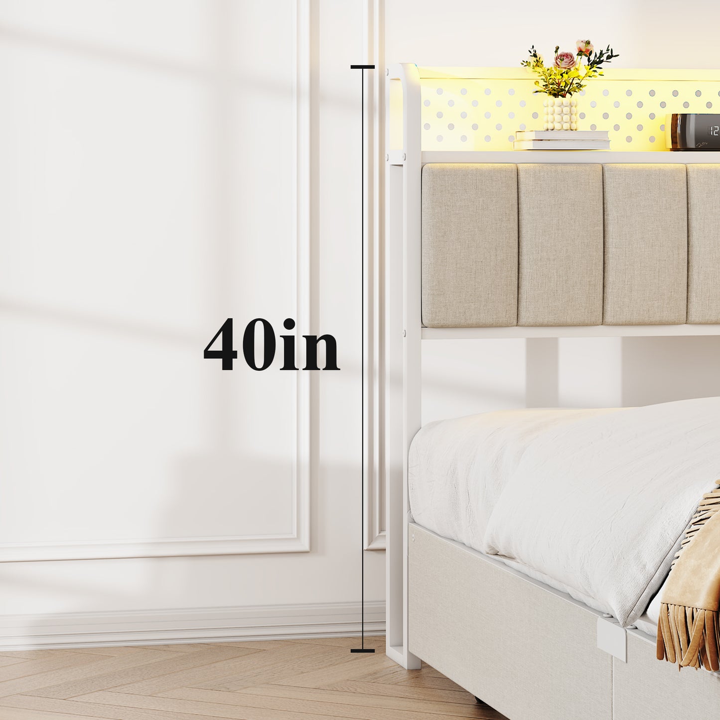 Queen Size Platform Bed with 4 Drawers, Metal Bed Frame with LED Lights and Charging Station, No Box Spring Needed, (Beige),  Noise Free,Easy Assemble.