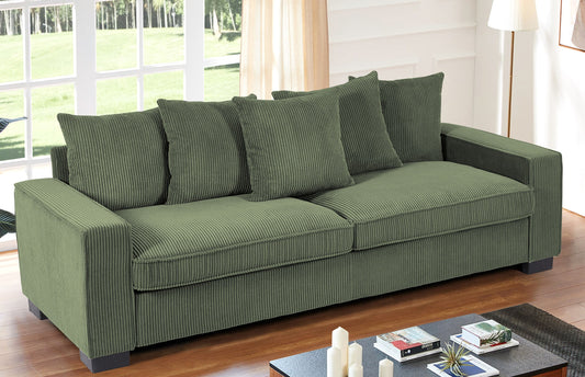 Luxe Corduroy Sofa with 5 Matching Toss Pillows, Sleek Design, Spacious and Comfortable 3 Seater Couch for Modern Living Room, 88" Wide , Dark Green