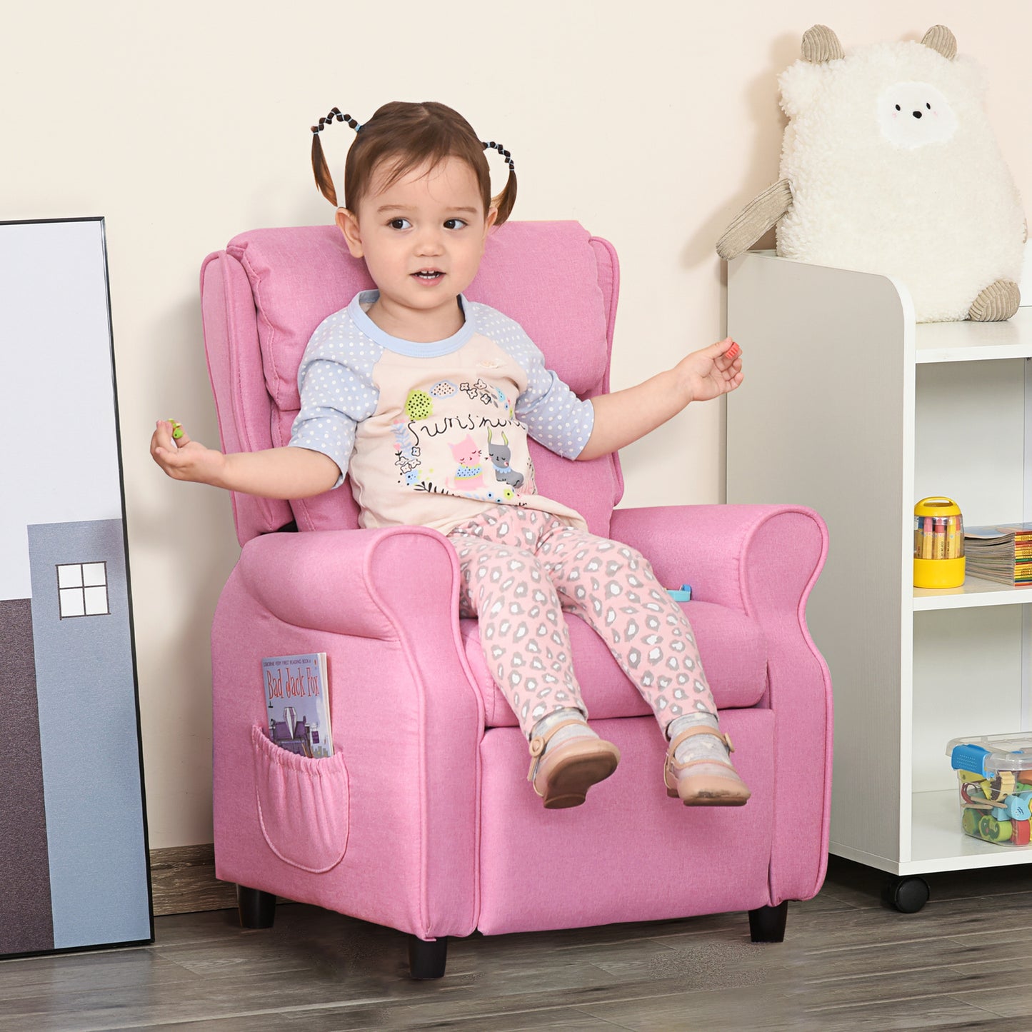 Qaba Kids Recliner Chair Children Sofa Angle Adjustable Single Lounger Armchair Gaming Chair with Footrest 2 Side Pockets for 3-5 Years, Light Pink