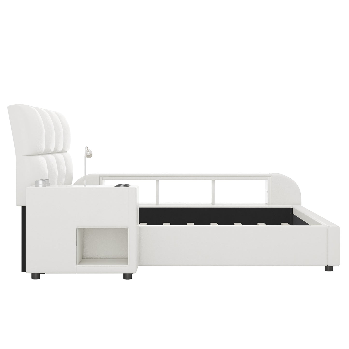 Queen Size Upholstered Platform Bed with Multimedia Nightstand and Storage Shelves, White