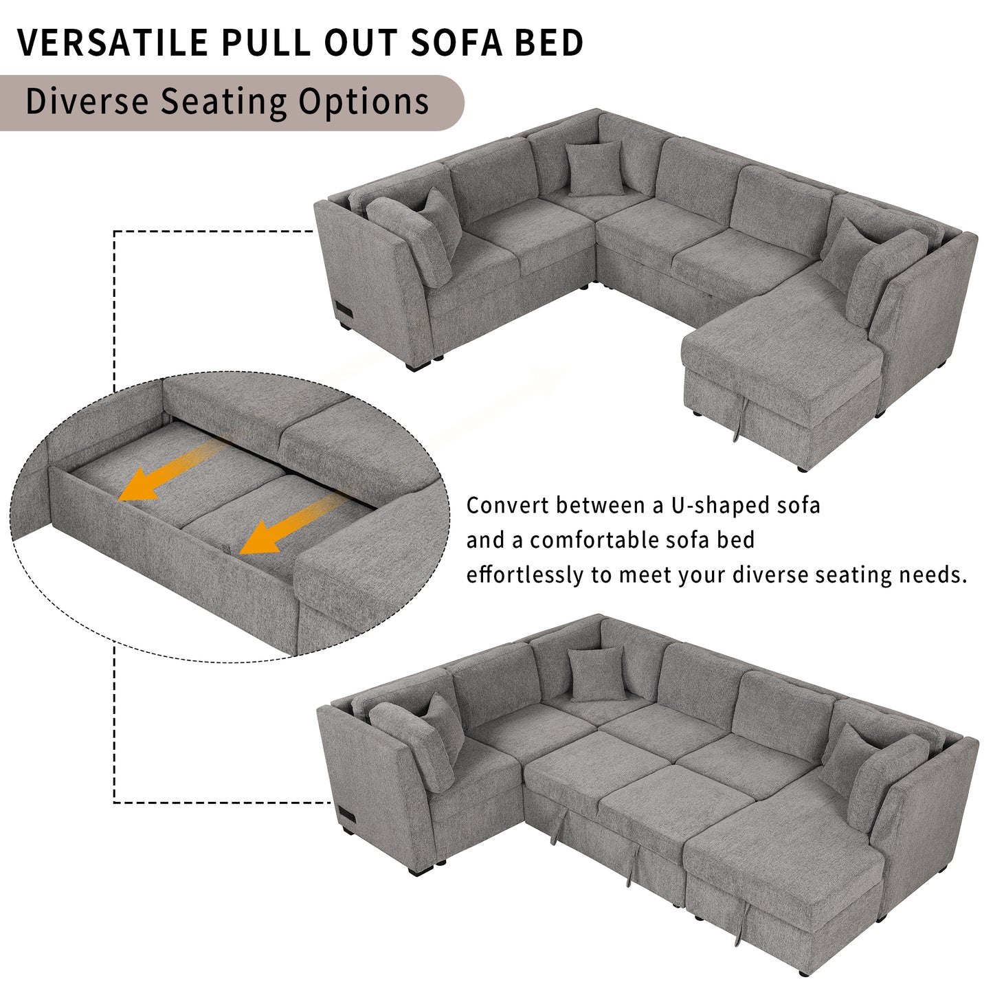 108.6" U-shaped Sectional Sofa Pull out Sofa Bed with Two USB Ports, Two Power Sockets, Three Back Pillows and a Storage Chaise for Living Room, Light Gray