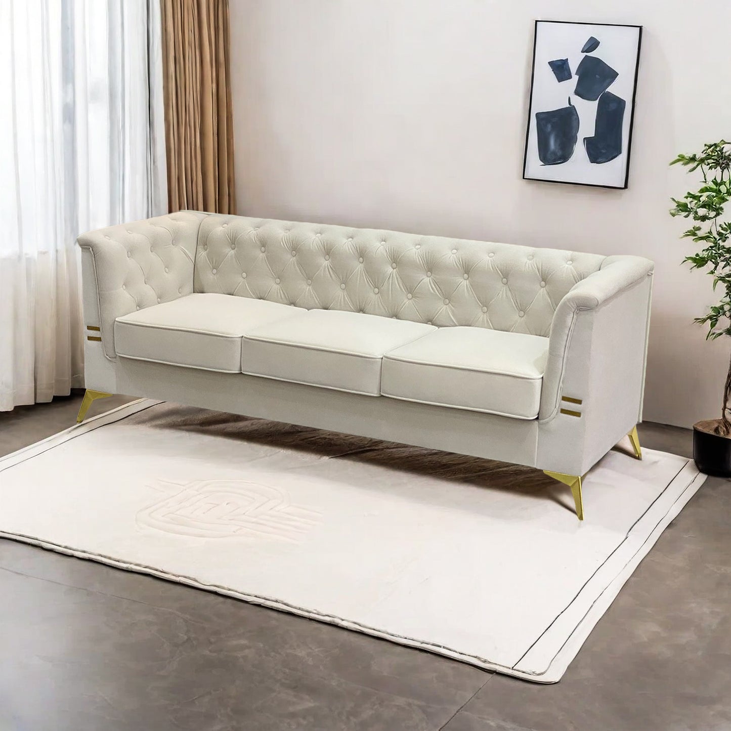 FX-P83-CW (sofa) -Modern Velvet Living Room Chesterfield design 82.7inch Wide Sofa cream white color