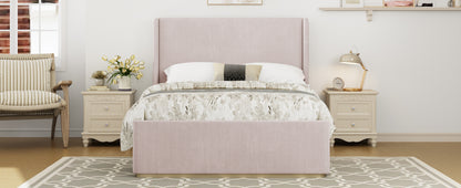 King Size Corduroy Upholstered Bed Frame with 130L Storage Ottoman, and Vertical Stripe Wingback Headboard and High Footboard, Pink