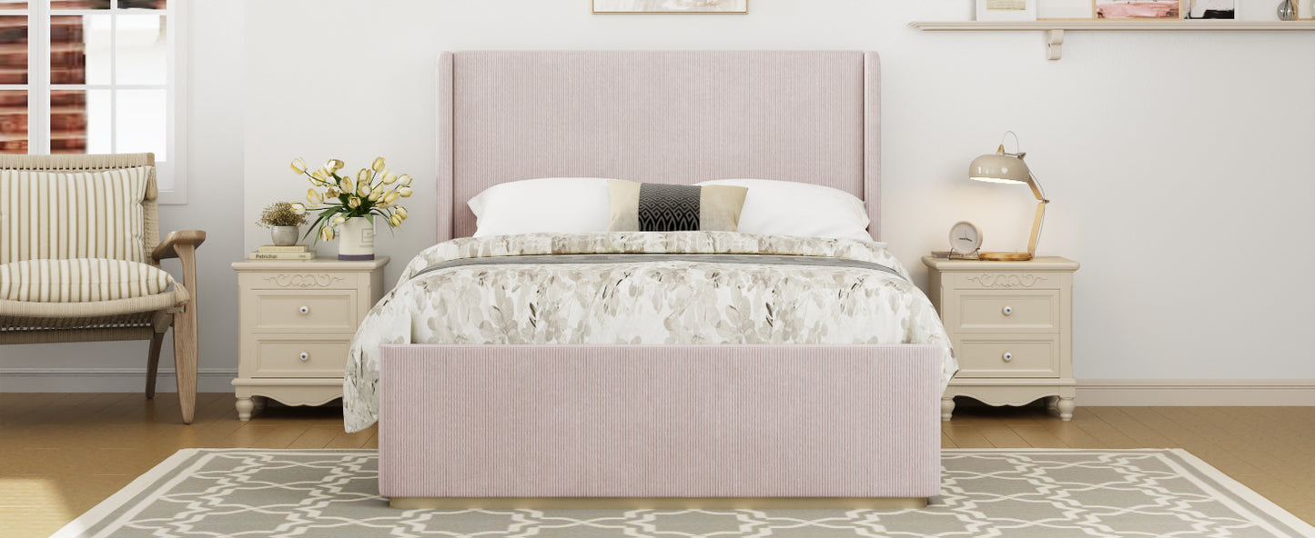 Queen Size Corduroy Upholstered Bed Frame with 130L Storage Ottoman, and Vertical Stripe Wingback Headboard and High Footboard, Pink