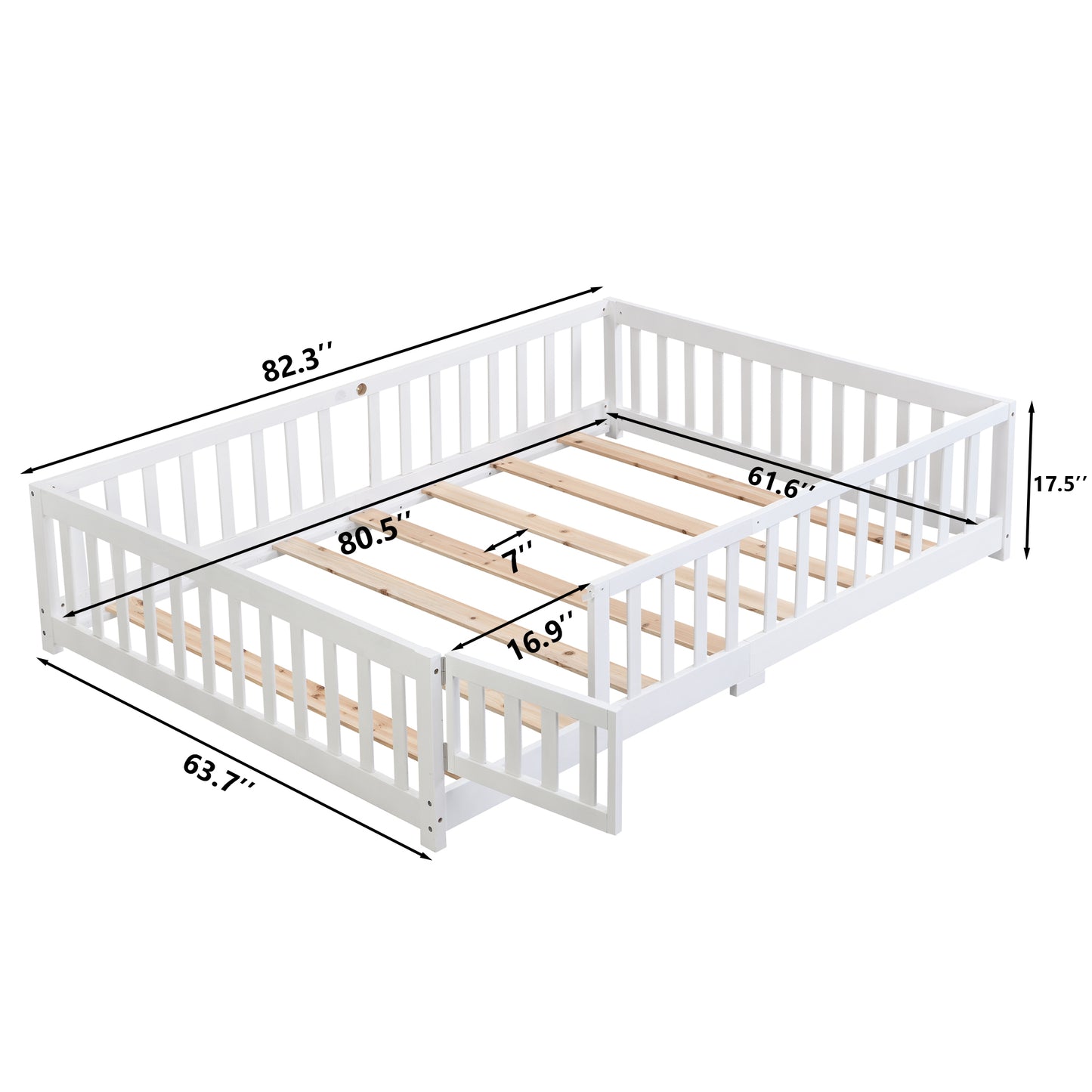 Queen Size Floor Bed with Door,Solid Wood Platform Bed Frame with Fence,Suitable for children,Pine Wood,White