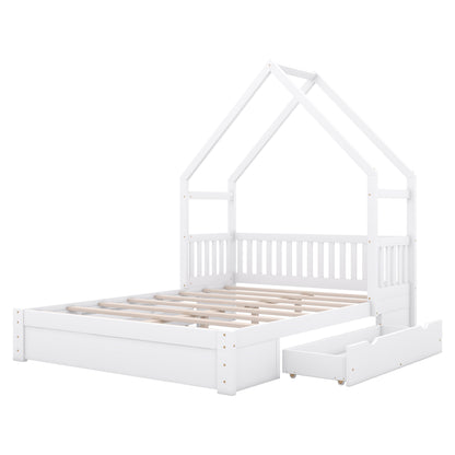 Wood Queen Size House Platform Bed with Guardrail and 2 Drawers, White