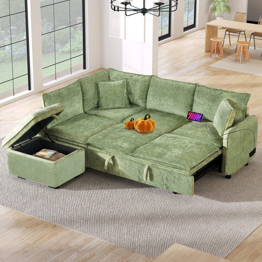 82.67"Convertible Sofa Bed Sectional Sofa Sleeper L-shaped Sofa with a Storage Ottoman,Two Pillows, Two Power Sockets and Two USB Ports for Living Room, Green
