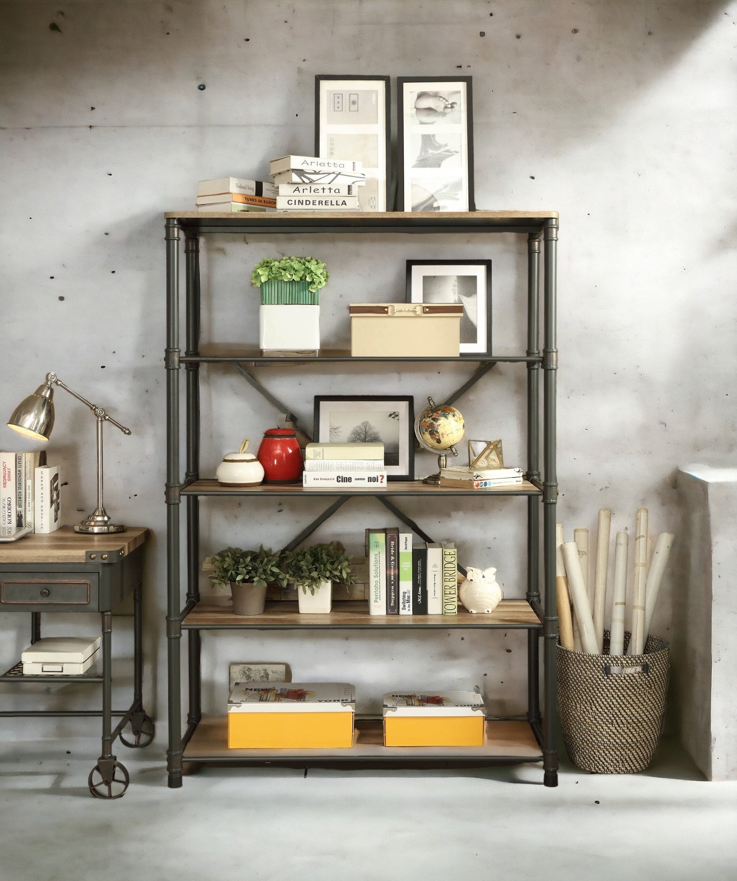 Itzel Antique Oak & Sandy Gray Finish Bookshelf