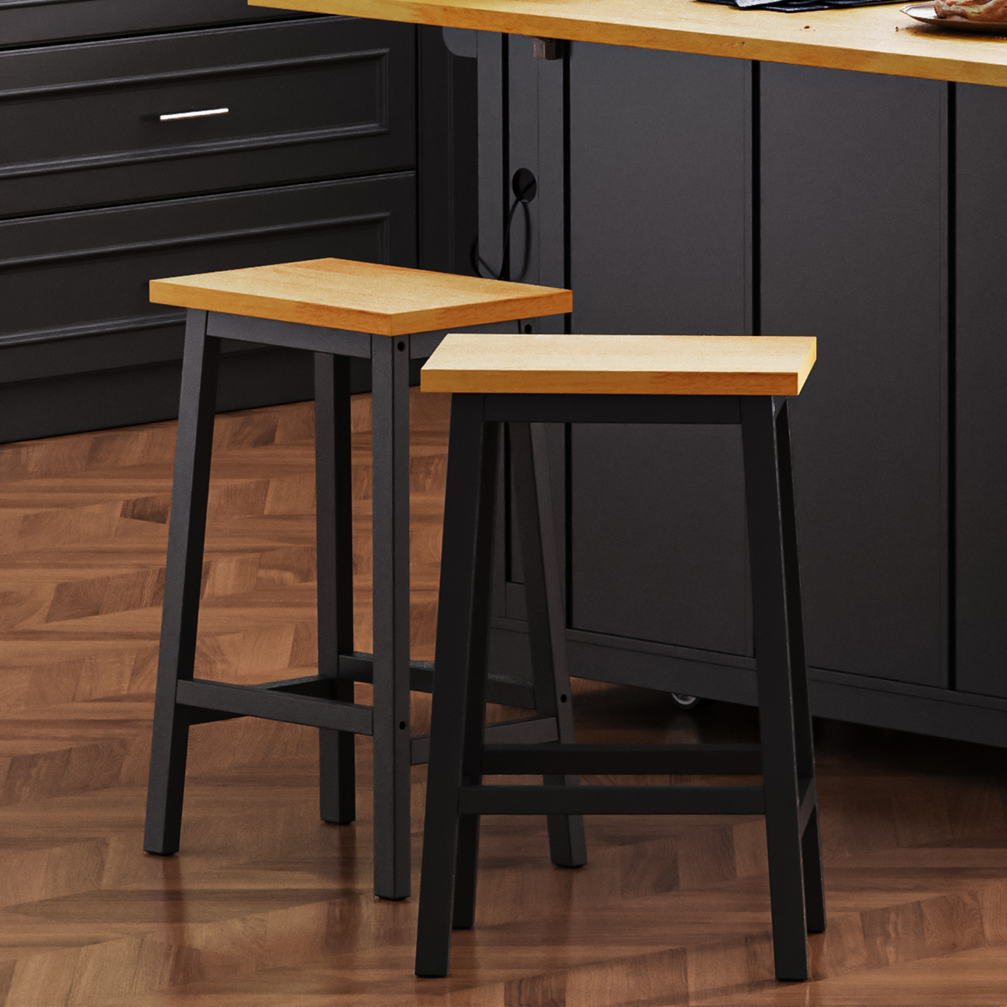 K&K Solid Wood Bar Stools (Not Cheap Iron), 25.6" Tall Set of 2 Bar Chairs, Kitchen Counter Stools with Footrests, Farmhouse Stools for Dining Room, Kitchen, Counter, Black