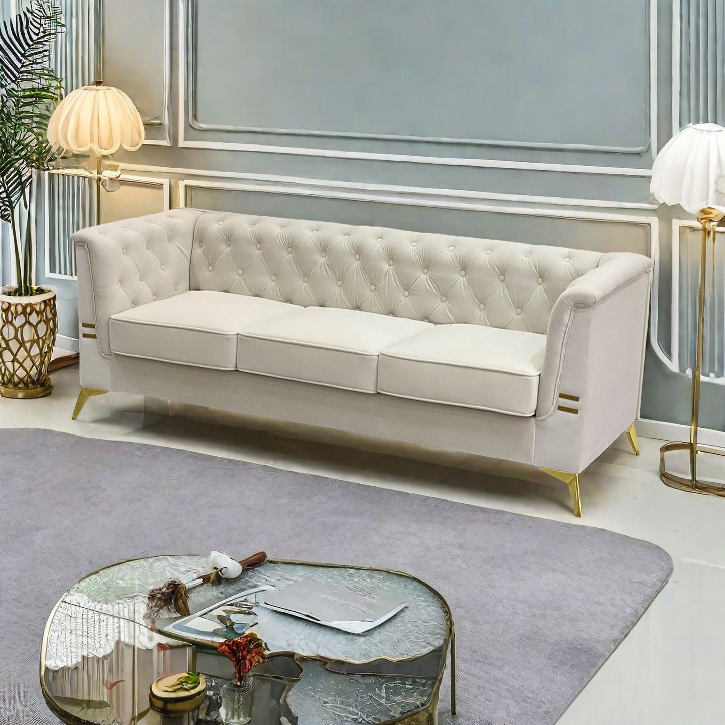 FX-P83-CW (sofa) -Modern Velvet Living Room Chesterfield design 82.7inch Wide Sofa cream white color