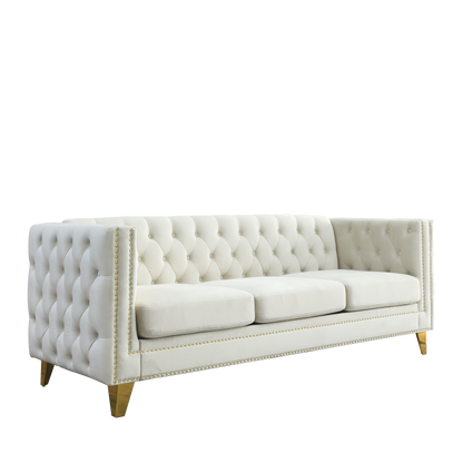 Velvet Sofa for Living Room,Buttons Tufted Square Arm Couch, Modern Couch Upholstered Button and Metal Legs, Sofa Couch for Bedroom, Beige Velvet ,2PCS