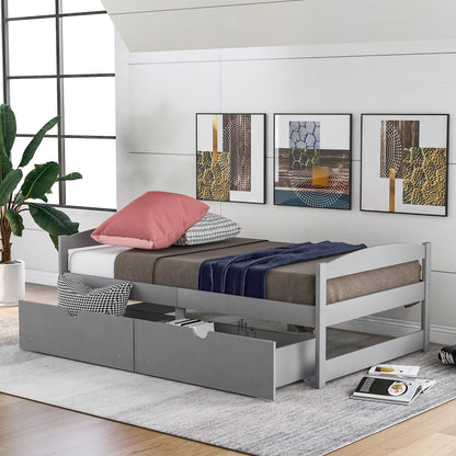 Twin size platform bed, with two drawers, gray