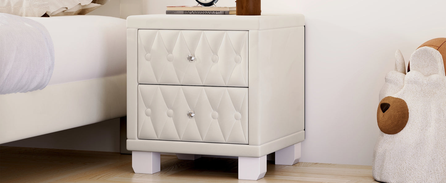 Elegant Velvet Nightstand with 2 Drawers and Crystal Handle, Storage Bedside Table with Button-Tufted, Beige