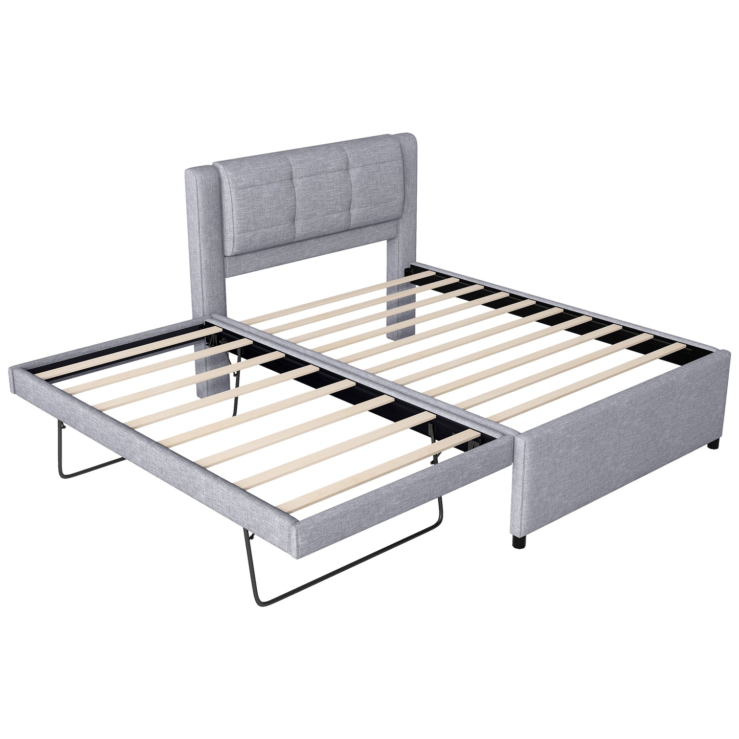 Full Size Upholstery platform bed with Trundle,Trundle can be flat or erected, Gray