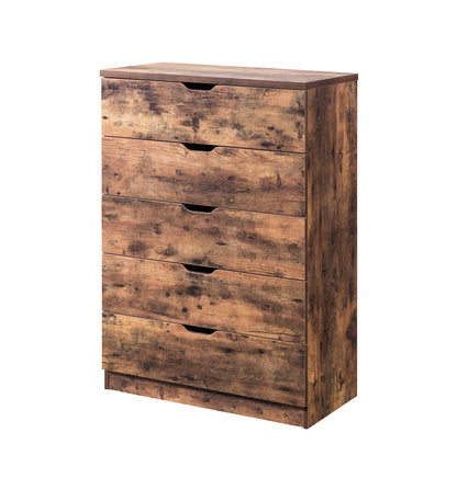 Functional 5 Drawer Chest in Distressed Brown Finish