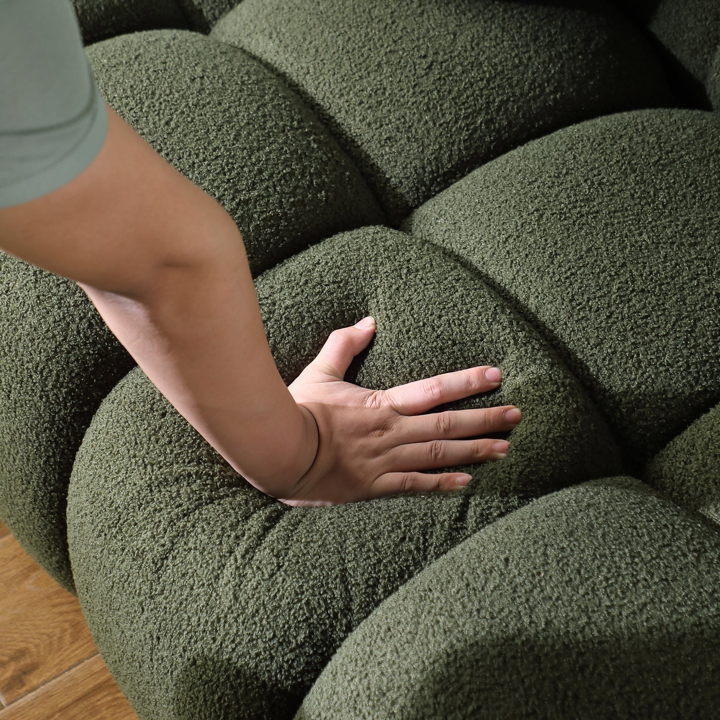 87.4 length ,35.83" deepth ,human body structure for USA people,  marshmallow sofa,boucle sofa ,3 seater, OLIVE GREEN BOUCLE