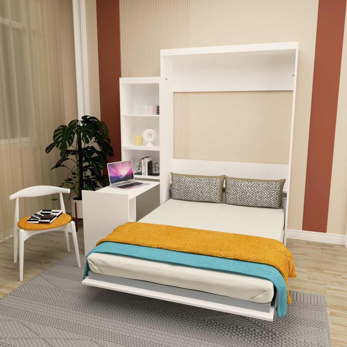 Queen  Size Morden Deisgn Big Size Vertical Murphy Bed with table and shelf  for Bedroom or Guestroom White Wall Bed Space Saving Hidden Bed with New Style Gas Struts