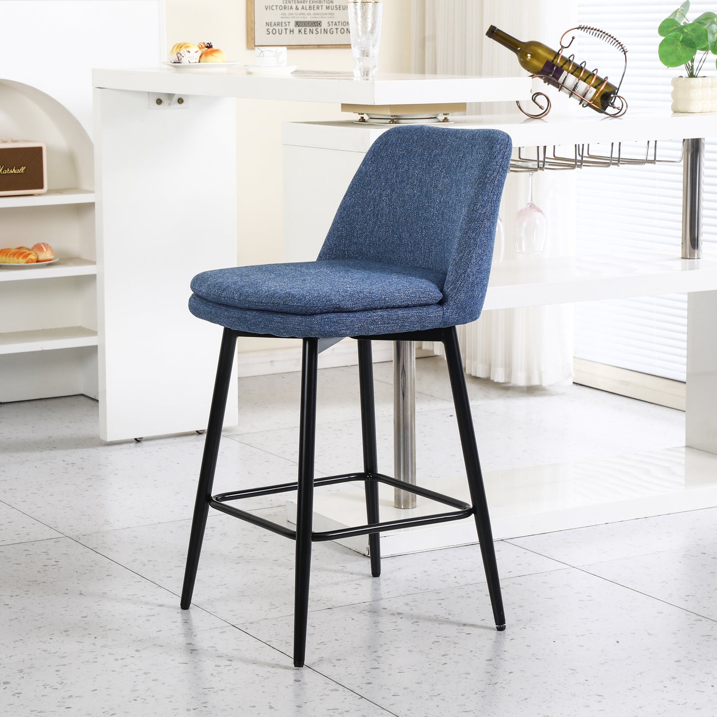 Counter Height Swivel Bar Stools Set of 2, 360° Swivel Upholstered Barstools with Back and Metal Legs, 25.6" Seat Height,Counter Stools for Kitchen Island and Pub,Linen Cloth,Blue Linen