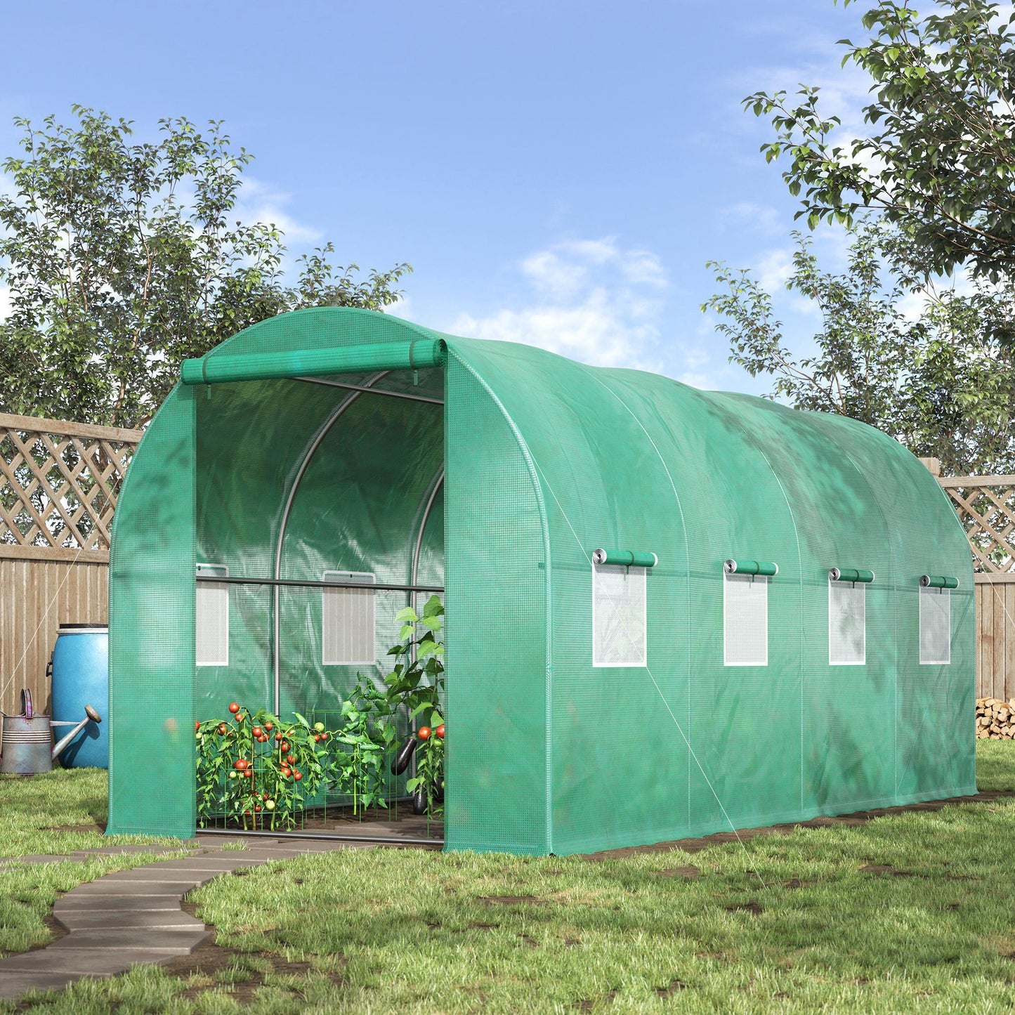 Outsunny 15' x 7' x 6.5' Walk-in Tunnel Hoop Greenhouse, Green House with Polyethylene PE Cover, Steel Frame, Roll-Up Zipper Door & Windows for Flowers, Vegetables, Tropical Plants, Green