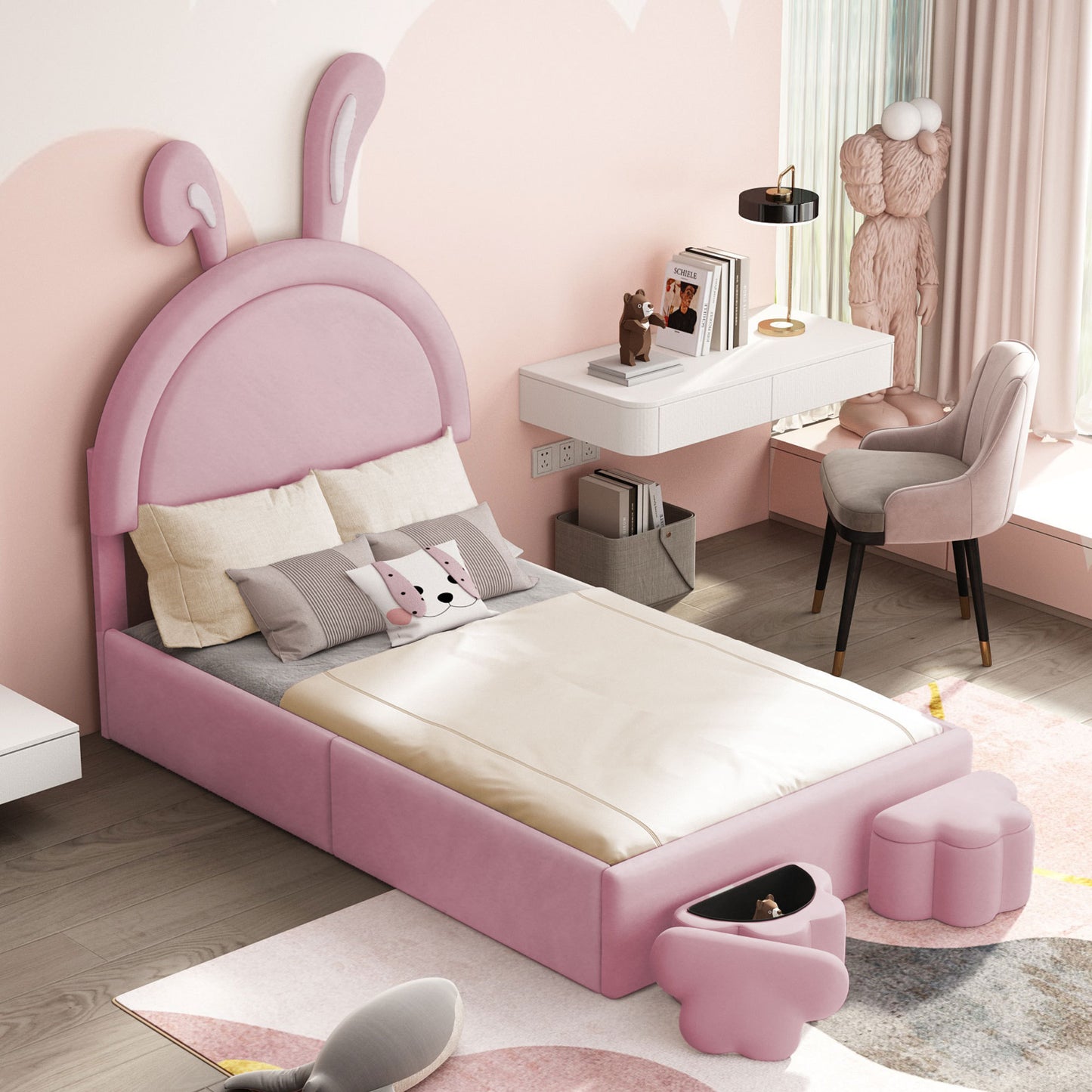 Twin size Upholstered Rabbit-Shape Bed with 2 Storage Stools, Velvet Platform Bed with Cartoon Ears Shaped Headboard, Pink