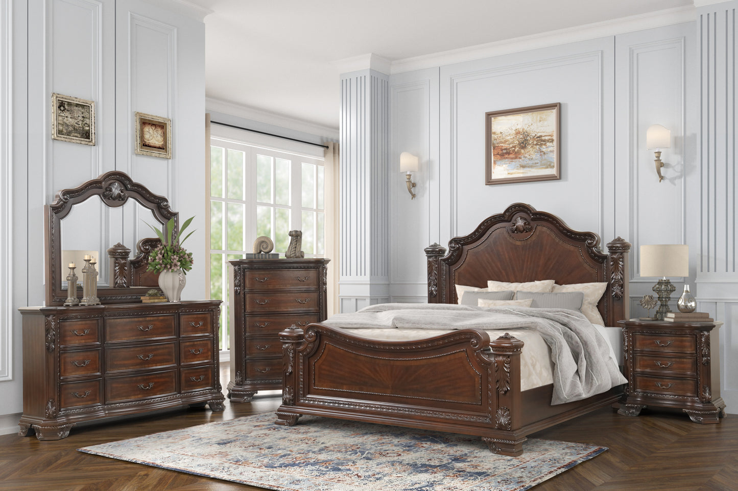 Traditional Style Queen Bed With Intricate Wood Carvings Made with Wood in Walnut