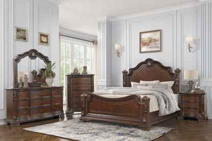 Traditional Style King Bed With Intricate Wood Carvings Made with Wood in Walnut