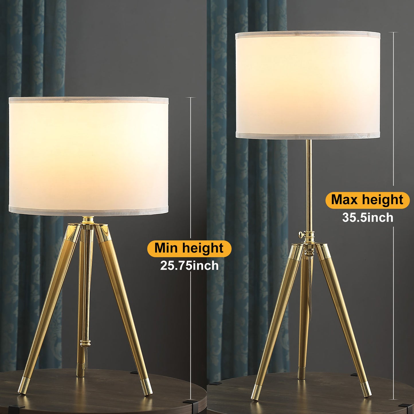 35.5" - 25.75"H Adjustable Hieght Brass/Shiny Gold Modern Tripod Table Lamp for Living Room, Nightstand Bedside Table Lamp for Bedroom, LED Lamp