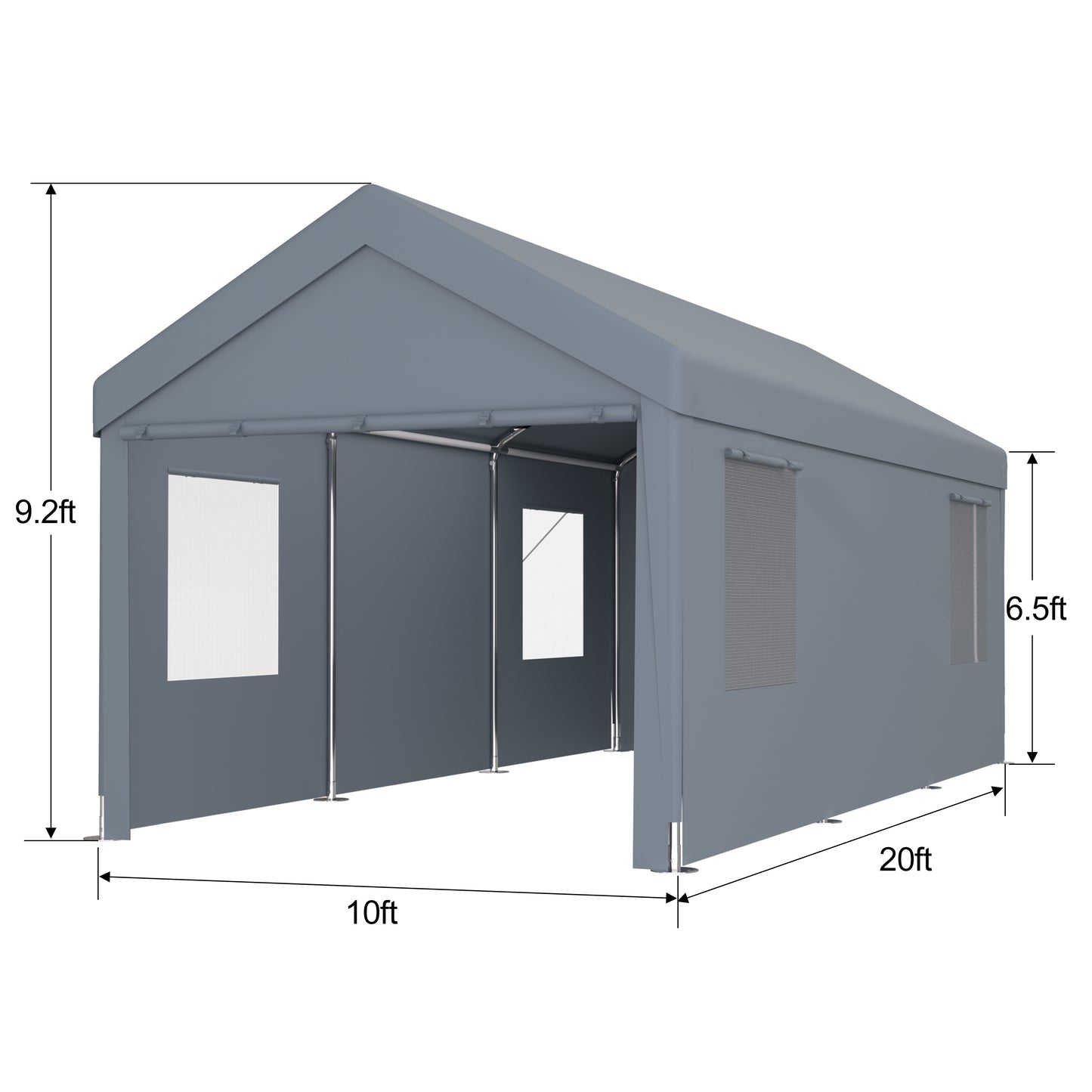 Carport 10' x 20' Portable Garage, Heavy Duty Car Port Canopy with 2 Roll-up Doors & 4 Ventilated Windows for Car, Truck, Boat, Garden Tools, grey