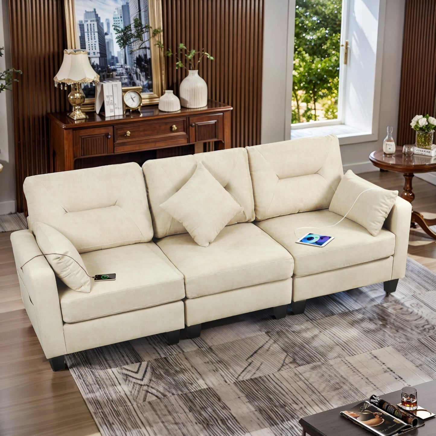 Oversized 86.1'' L Shaped Modular Sectional Couches with USB Ports, Lumbar Pillows