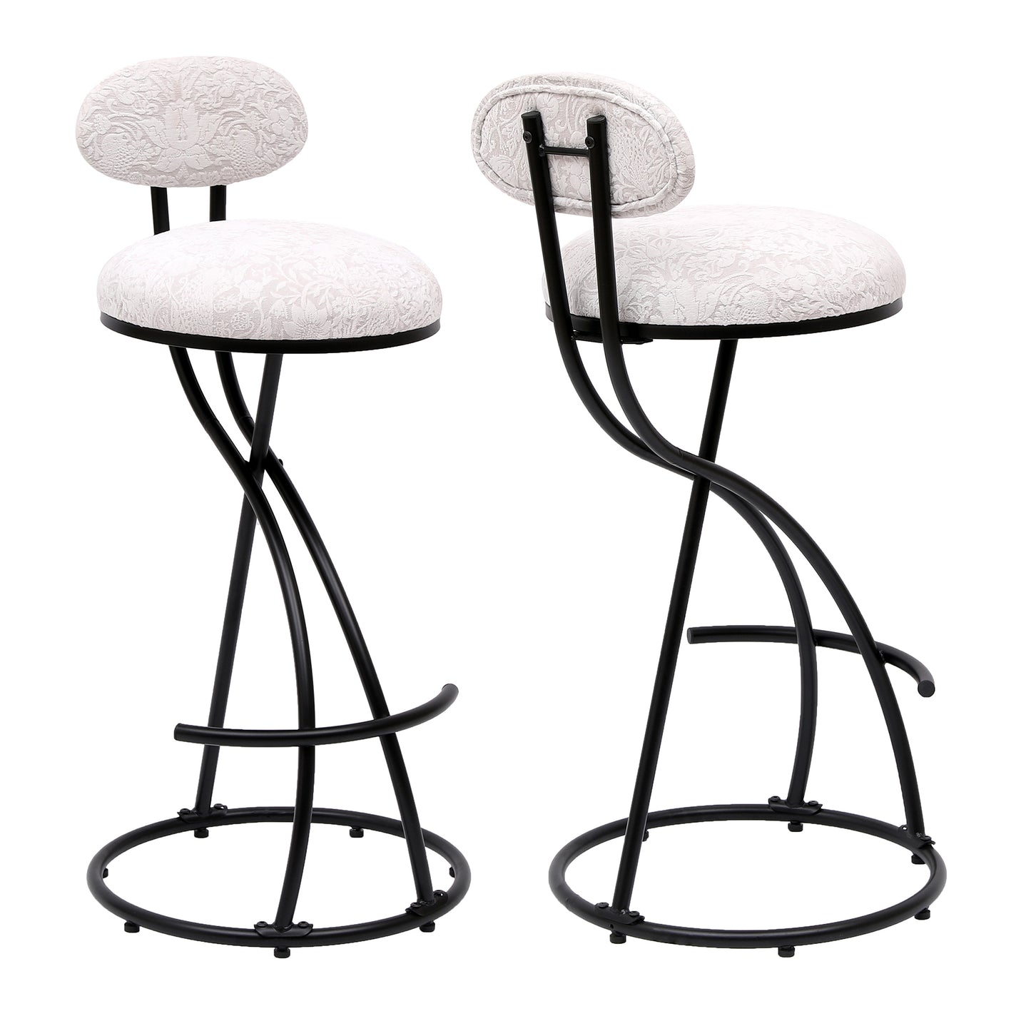 Round Print Bar Stools Set of 2 Black Metal Upholstered Chairs for Kitchen Island & Dining Rooms