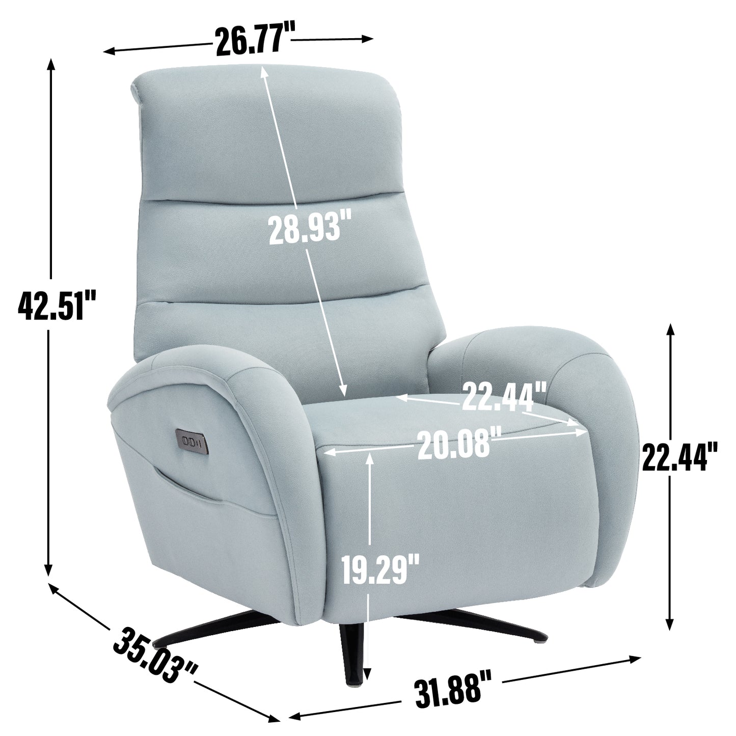 Blue Fabric Dual Motor 270° Swivel Power Recliner Chair With Heavy Duty Motion Mechanism, USB and Type-C Charging Ports.