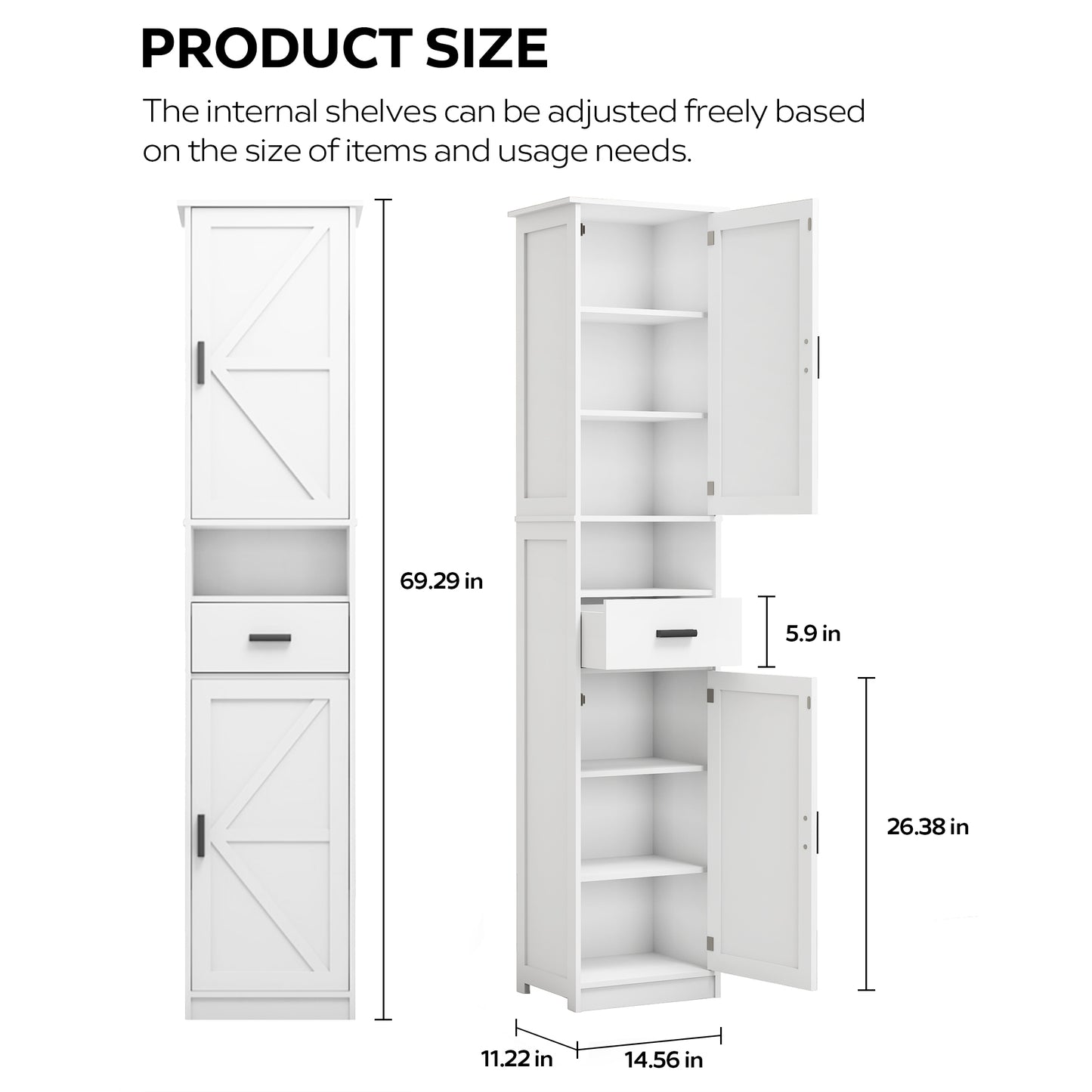 69" H Tall Bathroom Storage Cabinet with 2 Barn Doors and 1 Drawer, Narrow Storage Unit, Adjustable Shelves,Floor Cabinet for Bathroom, Living Room, Entryway,Kitchen,(White)