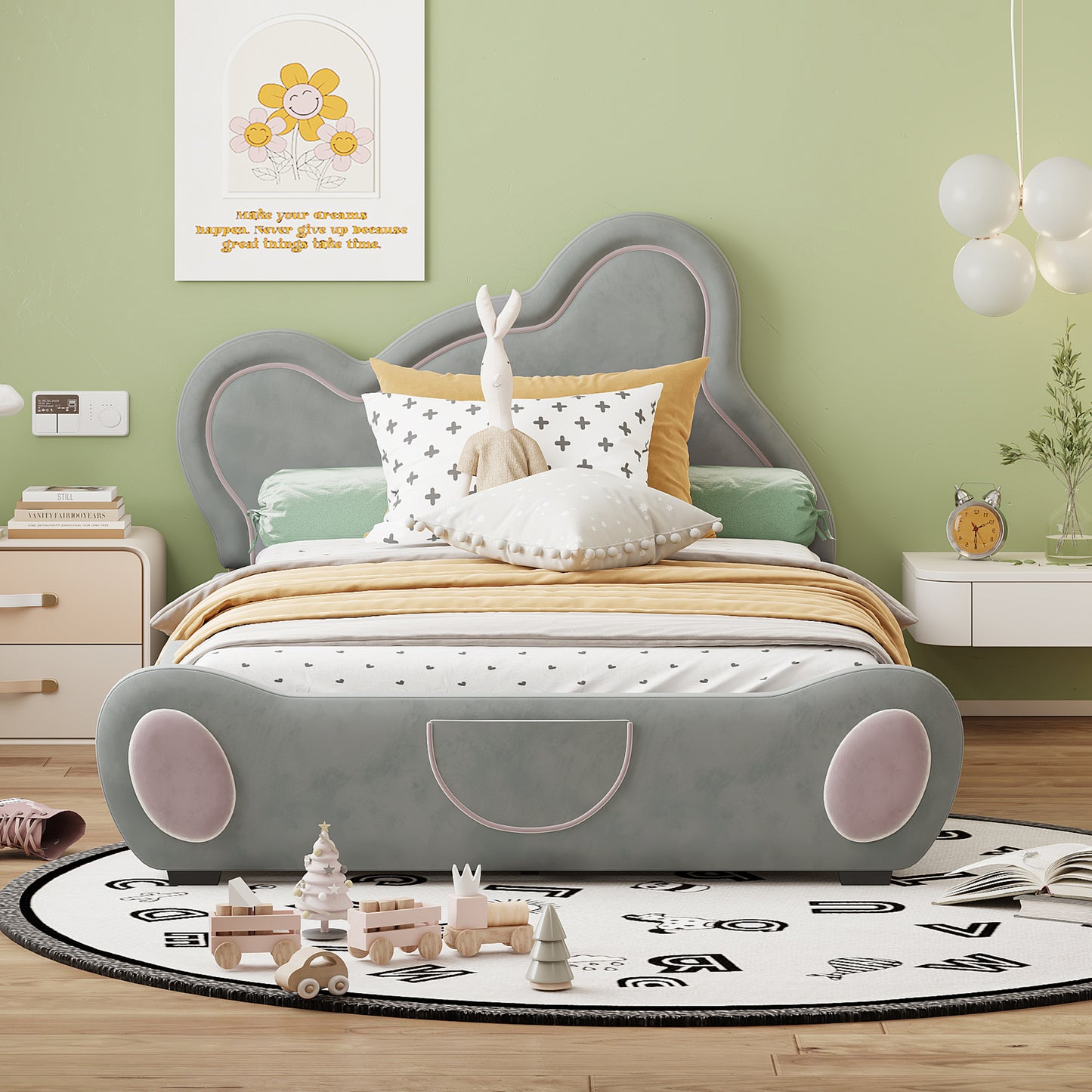 Twin Size Velvet Platform Bed with Bear-Shaped Headboard, with Bed-End Storage Pocket, Gray