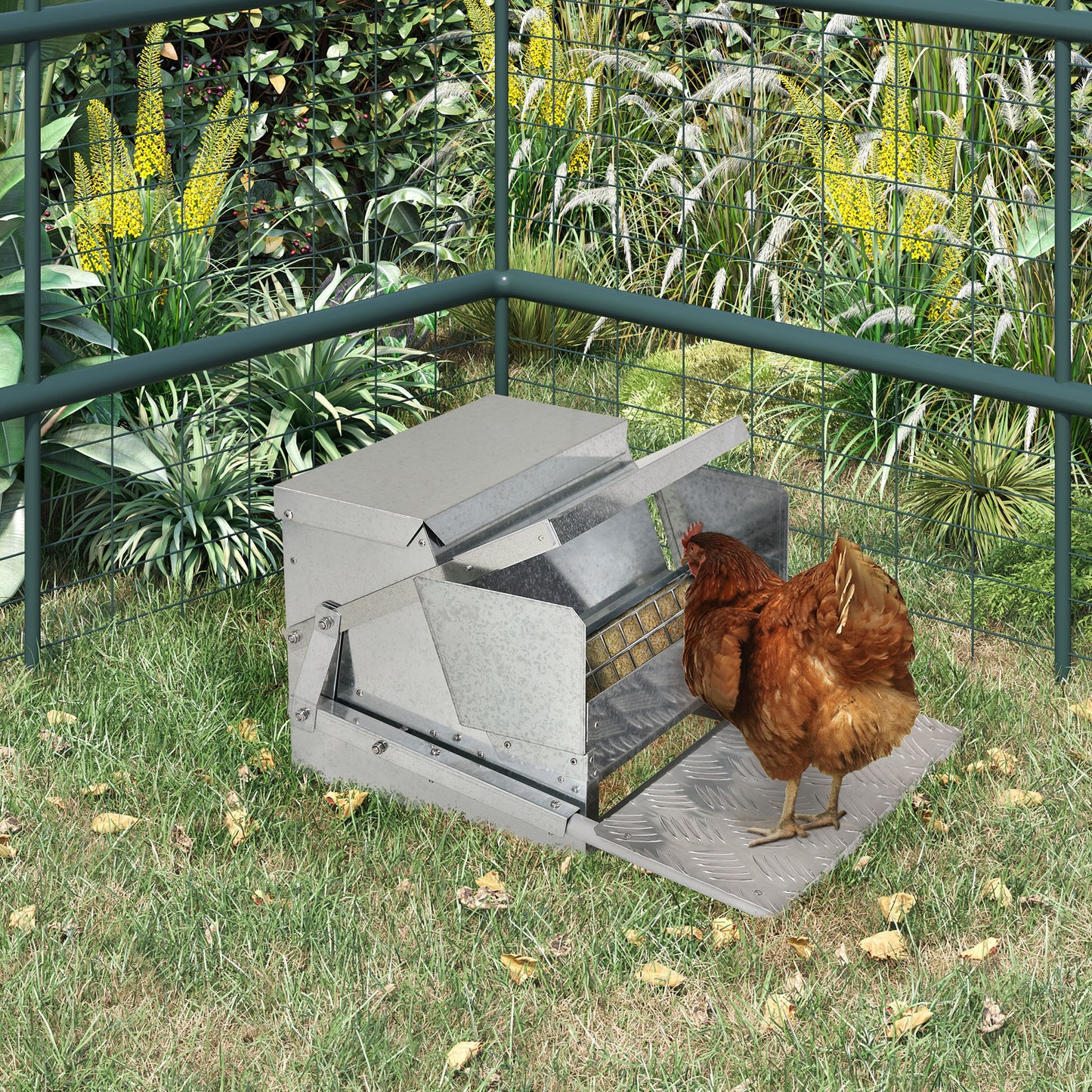 PawHut 25 lbs Capacity Automatic Chicken Poultry Feeder with a Galvanized Steel and Aluminium Build, Weatherproof Design