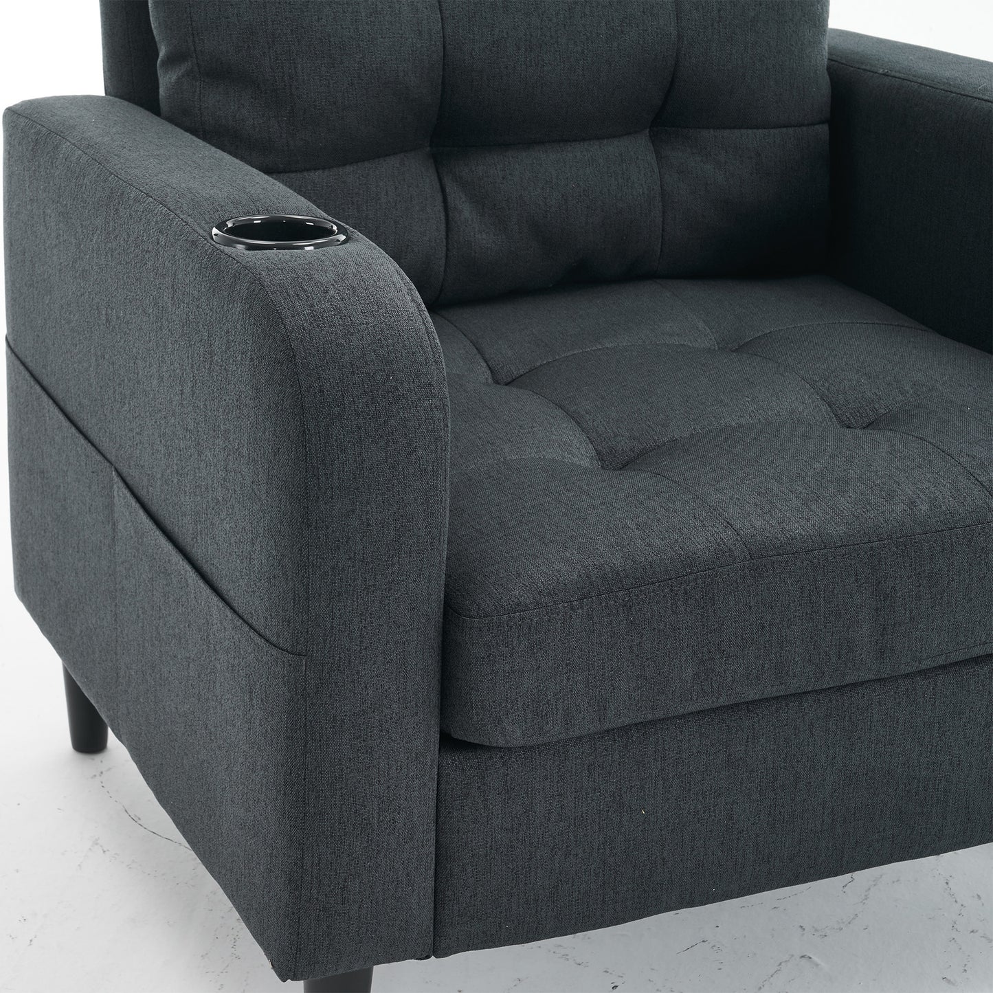 Dark Gray Upholstered Armchair and Storage Ottoman Set - Comfortable Single Sofa with Cup Holders and Tufted Detailing, Ideal for Living Room or Bedroom